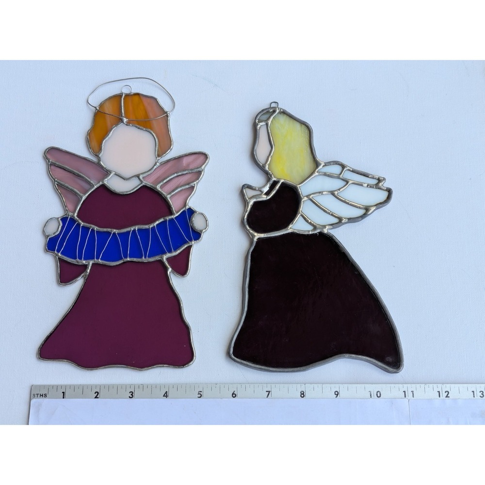 Vintage Stained Glass Angel Figure Suncatchers 9" tall (Set of 2) Handcrafted - Picture 9 of 10